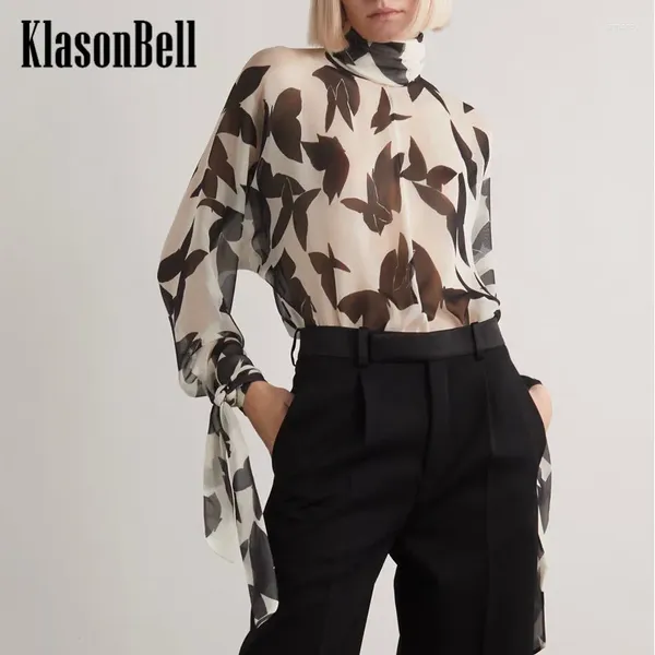 Blusas femininas 8,14 Klasonbell temperamento elegante Bowknotn Print Ribbon Manga longa Camisa de seda Turtleneck Mulheres