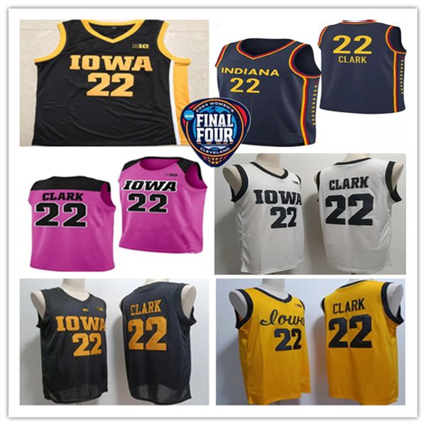 2024 Final Four Iowa Hawkeyes 22 Caitlin Clark College Basketbol Forması Dikişli Indiana Ateşi Evde Sarı Siyah Beyaz Donanma S-4XL