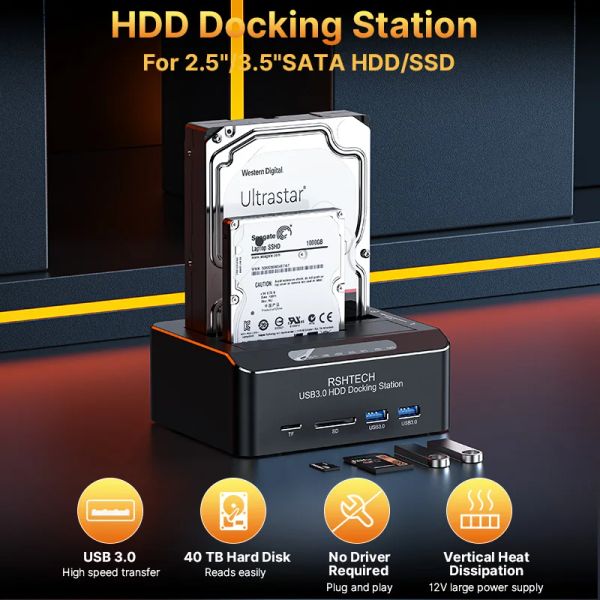 Gehege RSHTech Festplatte Docking Station SATA zu USB 3.0 Dual Bay Adapter mit SD/TF für 2,5/3,5 