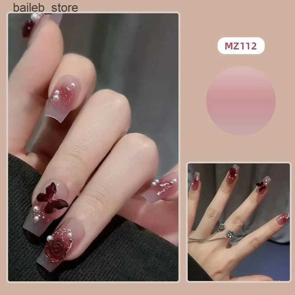 False unhas 24pcs/1Box Novo gel de gelo vermelho vestindo arco puro Camellia Patch Hot Girl Pils Fake Nails Y240419 Y240419