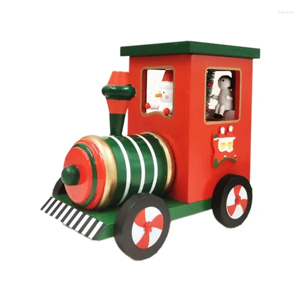 Estatuetas decorativas Caixa de música locomotiva de madeira com mini -árvore de Natal rotativa trem de desenhos animados para cabeça ornamento de natal Desktop de férias