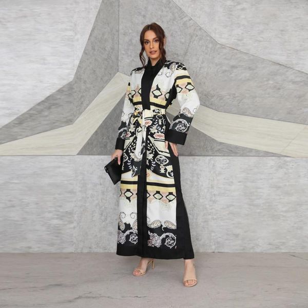 Vestidos casuais femininos elegantes moda com renda estampa de manga longa femme femme abaya túmulo com cinto de kaftan feminino roupas de inverno feminino