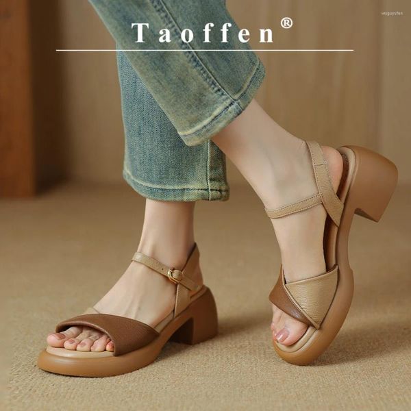 Vestido sapatos Taoffen Sandálias femininas de couro genuíno Bloco de salto médio Mulheres Roma de dedão do dedo do pé retrô tanque de tornozelo 2024 tendência