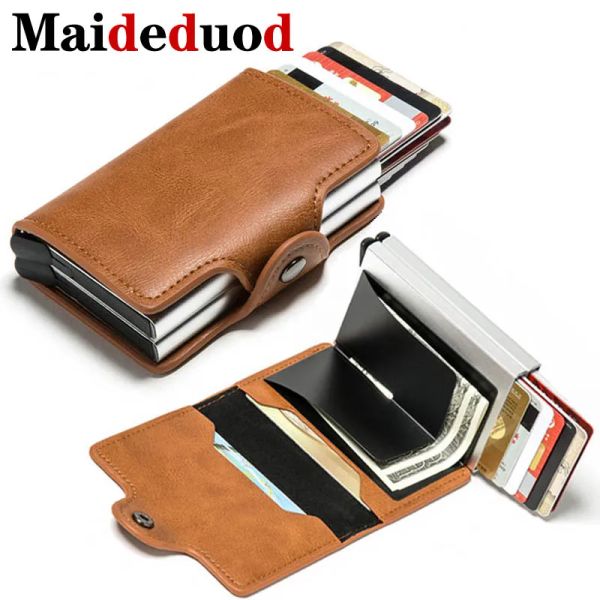 THOTHERS MAIDUOD Nuovo supporto per carta di credito in pelle PU Nuovo portabarca in alluminio Uomini e donne Metal RFID Vintage Travel Card Wallet