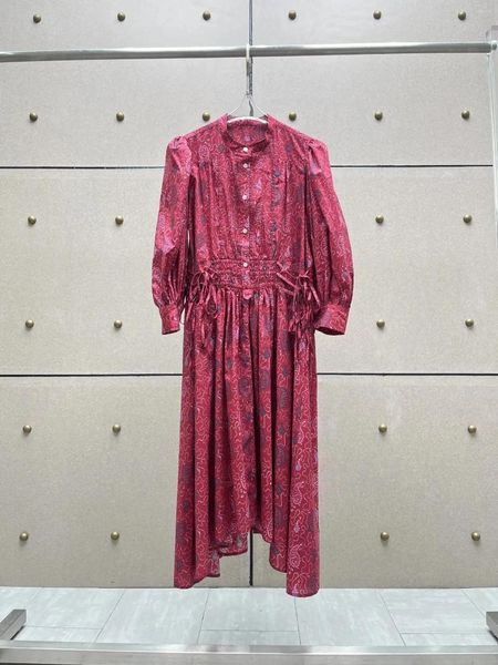 Sıradan Elbiseler 2024 Kadın Moda Uzun Kollu Yaklaşık Bel Kablo Kayışı Baskılı Pamuk Elbise 1120