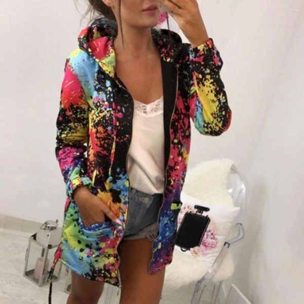 Jackets femininos Moda Mulheres coloridas Capuz Long Zipper Cardigan Bolsos duplos Capuz Capuz Sorto feminino Grande Tamanho Loue Loose