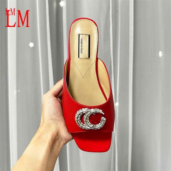 Designer Luxo Double G Patente Slide Red Leather Sandália Crystal Set Hardware Sparkling Slip em Sandal Flop Flip Flor Slipper