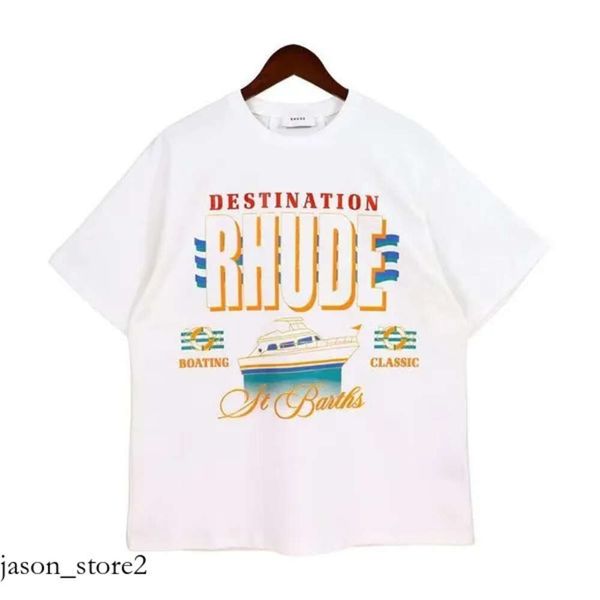 Mens Designer camiseta Rhude Shirt Card Logo Letreed Print Rhude Campa Casais para homens e mulheres Camiseta algodão está solto no verão 426