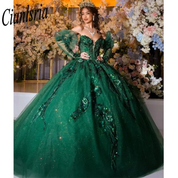 Изумрудные зеленые съемные съемные рукава платья Quinceanera платья 3D цветы Sequined Appliques кружев