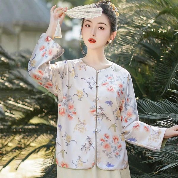 Jackets femininos 2024 Spring Chinese Chinese Casal Avançado Sentido de jaqueta de tang impressa vintage de manga longa e de mangas compridas de ponta