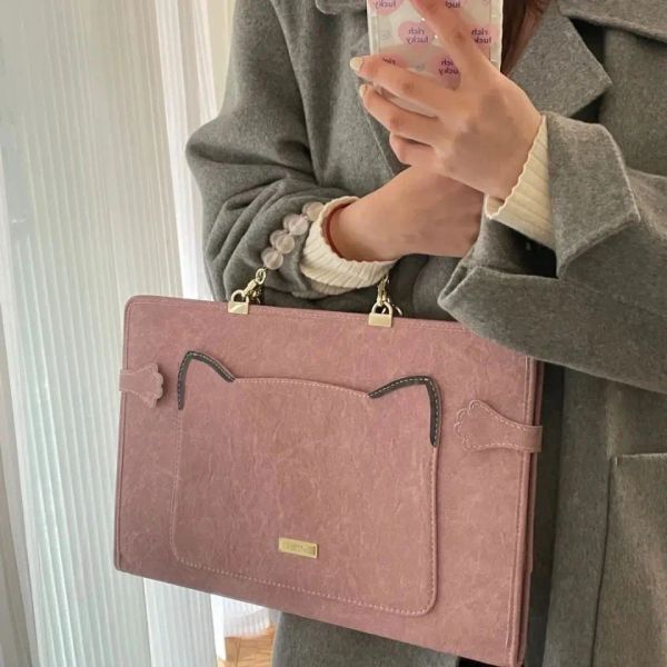 Briefzüge süße Frauen Mädchen rosa Katzen Laptop Taschen Aktentasche süße Computerhülle Handtaschen Pasta de Couro