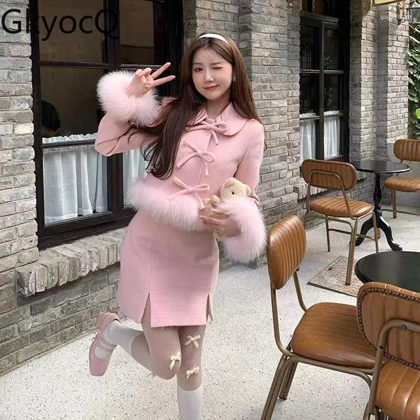 Arbeitskleider Gkyocq Koreanische Mode zweiteilige Sets Frauen Outfit Langarm Lupe Kragen Bogenknopf Fell Spleiß Jacke Minirock rosa Anzug