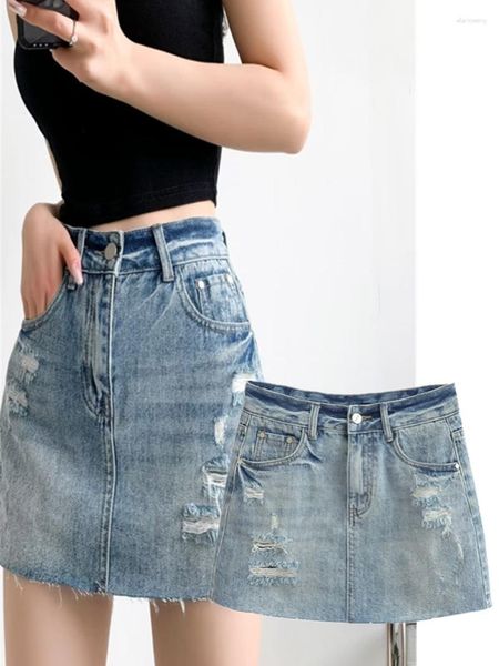 Etekler Amerikan retro seksi denim etek dişi yaz A- Hope Burrs Zayıflama Deliği Paketi Kalça Ins