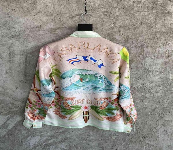 Fandiera delle onde da spiaggia Shirt dipinto in raso Shirt hawaiano Shirt a maniche lunghe di seta a base di seta 9344375