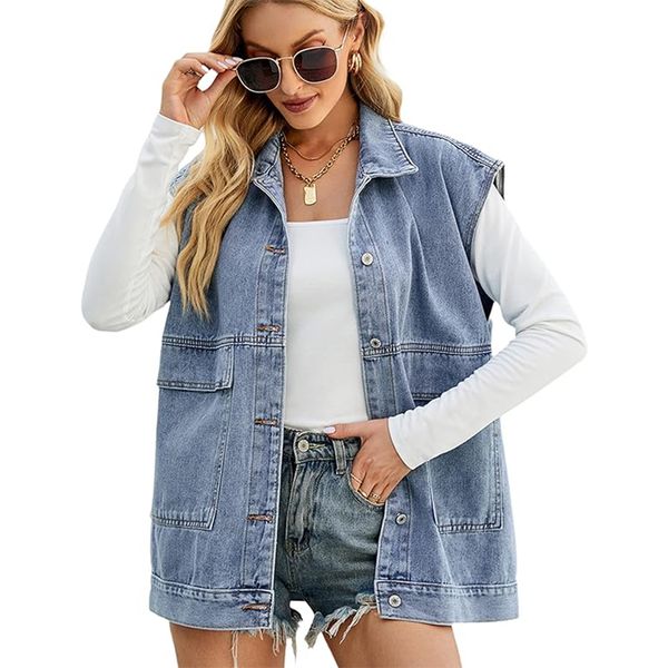 Женские куртки Coats Denim Vest Mid Long Jacket Jean без рукавов с карманами