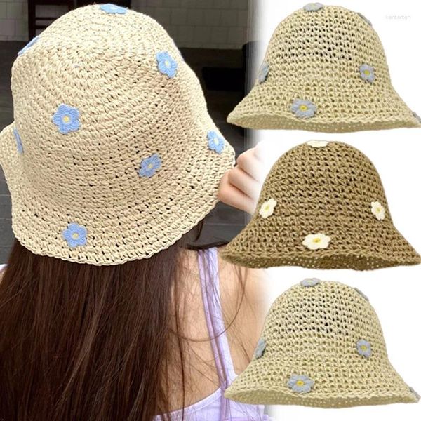 Boinas de verão chapéu de sol feminino palha de crochê balde dobrável Panamá tampa UV Caps UV BOHO FLOR FORMING VAIO