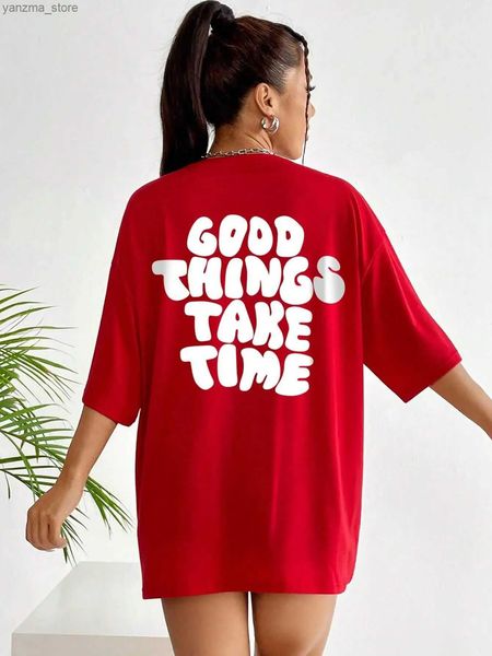 T-shirt femminile Good Things Premine Time Art Letter T Shirts Women Fashion Cotton Tops O-Neck Casual Thirt Summer Summer Sportswear Sports Y240420