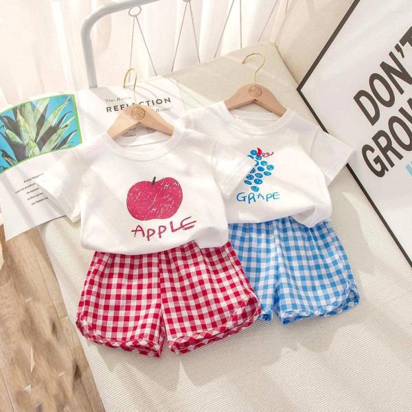 Kleidungsstücke koreanische Kinder Sommer Girl Boy Kurzarm Shorts Anzug Kinder Mode Obst T -Shirt Plaid Pant Outfits Kinderkostüm