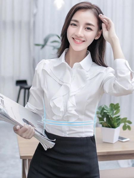 Blouses feminina 2024 Moda coreana Manga longa Button Office Shirt Spring Autumn Women Slim White OL Work Ruffles Tops Mujer