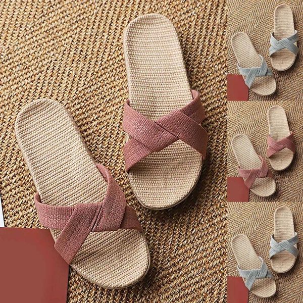 Slippers Casal Women's Summer Home Eva plástico linho plano de linho sólido