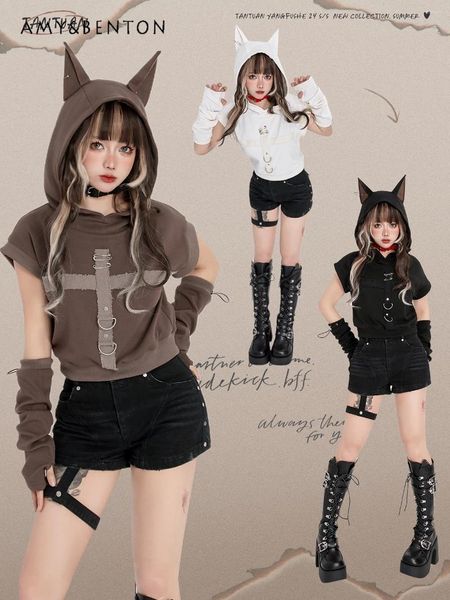 Kadın Hoodies Subkulture Street Serin Karikatür Kulakları Kadın Goth Metal Pim Gevşek Seksi Kolsuz Hoodie Kız Y2K Büyük Boy