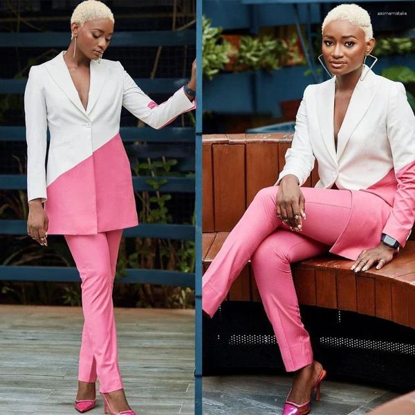 Herrenanzüge farb passende Frauenhosen für Hochzeit maßgeschneiderte weiß rosa langhülsen Abend Mode tragen 2 Stücke