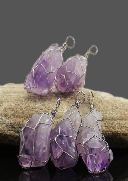 Handgewebte weiße Kupferpackung Amethyst Crystal Cluster Reiki Juwely Natural Crystal Prototyp Stone Fashion Charm Women's Anhänger 7265137