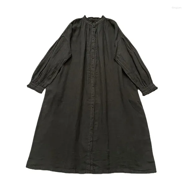 Vestidos casuais vãovich japão estilo feminino cor sólida vestido de linho vintage outono 2024 gola de peito único colar