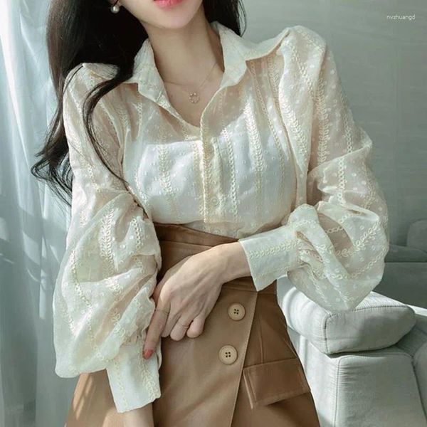 Frauenblusen 2024 Frauen koreanische Modehemd Herbst Elegante Tops Lose Langarm Spring Revers Häkel Damen Bubble 28184