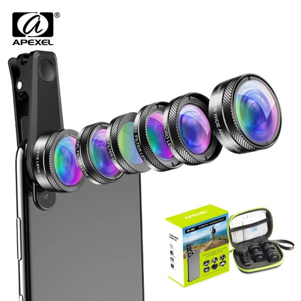 Heizung Apexel 6 in 1 Telefonkamera -Objektiv Kit Weitwinkel Makroobjektiv Fish Eye Objektiv CPL/Stern Filter ND32 für iPhone Huaweall Smartphones