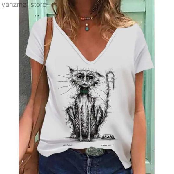 Kadın T-Shirt Rüya Catcher v yaka Kısa Kısa Köle Gevşek Temel T-Shirt Tatil Top TS Yaz Kadın Kelebek 3D Baskı T-Shirt Y240420