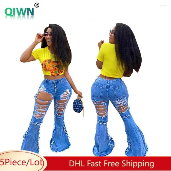 Frauen Jeans 5pcs Großhandel Frauen Flared Sexy Ripped Loch Slim Jeanshose weiblich Y2K High Streetwear hohl aus der Skinny Hosen 10268