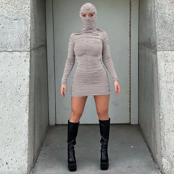 Lässige Kleider 2024 Frauen Designer solide Langarm Hoodie Maske geschnitten sexy dünne Mini -Kleid Herbst Streetwear Grunge Kleidung