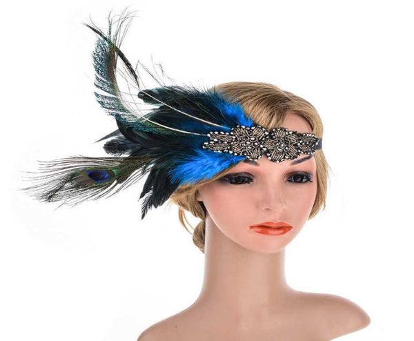 Peacock Feather Silber -Strass -Flapper -Stirnband Indische Perlen -Blumenhaarbänder Vintage Hair Accessoires für Heilig 6230055