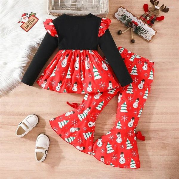 Kleidungssets Mädchen Weihnachts -Outfit Kleidung Frohe Langarm Tutu Shirt Schneemann Flare Hosen Kid Weihnachten Set Set