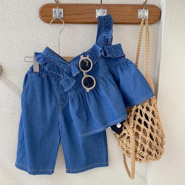 Kleidungssets Koreanische Version Mädchen Anzug Summer Girl's Denim Holz-Ohr-Sling-Weste Top plus Capris zweiteilige Mädchen Kleidung Kinder