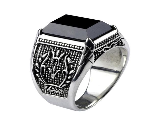 Vintage Ring Männer echte reine 925 Sterling Silber Schmuck schwarze Obsidian Natursteinringe für Herren Punkrock Fashion Y18907054985833