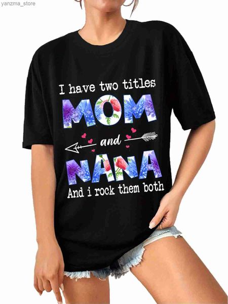 Damen T-Shirt Womens Sports Top Ich habe zwei Titel Mama und Nana Floral Arrow Print Crew Hals Kurzes Slve Fitness Workout T-Shirt Top Y240420
