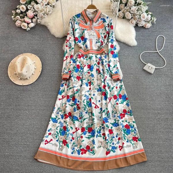 Günlük elbiseler bahar moda pist elbisesi kadınlar yaka yakası uzun kollu çiçek baskı maksi pileli vestidos tatil cüppeleri 6030