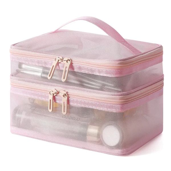 Fälle Pink Double Layer Mesh Kosmetikbeutel Frauen tragbare Make -up -Hülle große Kapazität Reisen Reißverschluss Make -up Organizer Toilettenspeicherbox