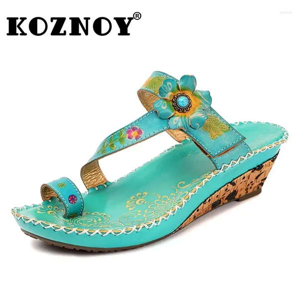 Slippers koznoy vaca 5.5cm Apliques estampas de flores Impressão de couro genuíno Luxo étnico Flats de luxo de tamanho grande gancho multicolor feminino Sapatos de verão