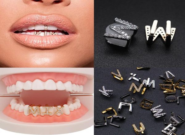 Ouro de ouro branco gelado az letra personalizada Grillz dentes de diamante completo Diy Fang Grills Bottom Cap Hip Hop Dental dentes 4230080