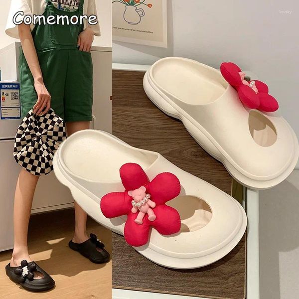 Hausschuhe Comemore 2024 Damen weicher Boden Nicht-Schlupf-Flachsandalen Leichte PVC Slipper-Gleiten Frauen lässig rote Blume Sommer