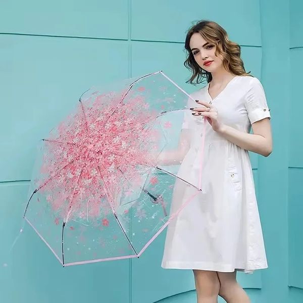 Корейский зонтик складывается милый корейский мини -мини -свежий прост в серии Sen Trifold Cherry Blossom Прозрачный японский зонтик