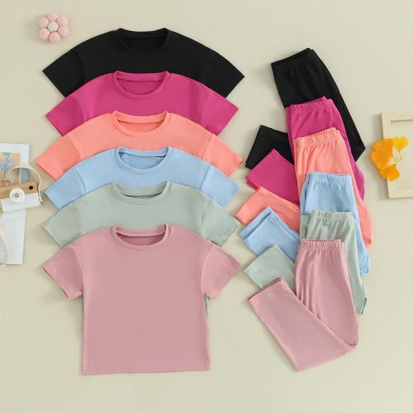 Kleidungsstücke Sommer Kinder Girls Hosen Kurzarm Crewneck T-Shirt Solid Color Casual Clothes