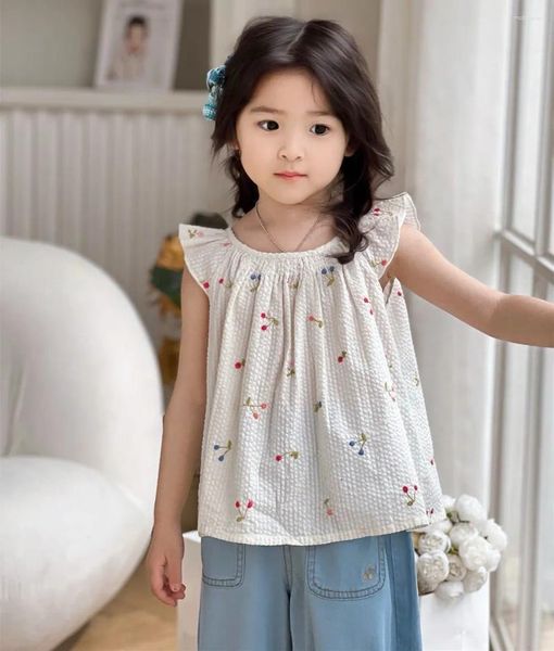 Set di abbigliamento abiti da bambino per bambini ragazze top top coloratful ciliegia da ciliegia carino e umidità che assorbono le maniche volanti corte appeso