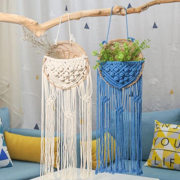 Estatuetas decorativas ladeiras de algodão tecidas à mão Tástels Homestay Flower Shop Decoração de Wall Wall Hanging Wicker Basket Net Pocket Pocket