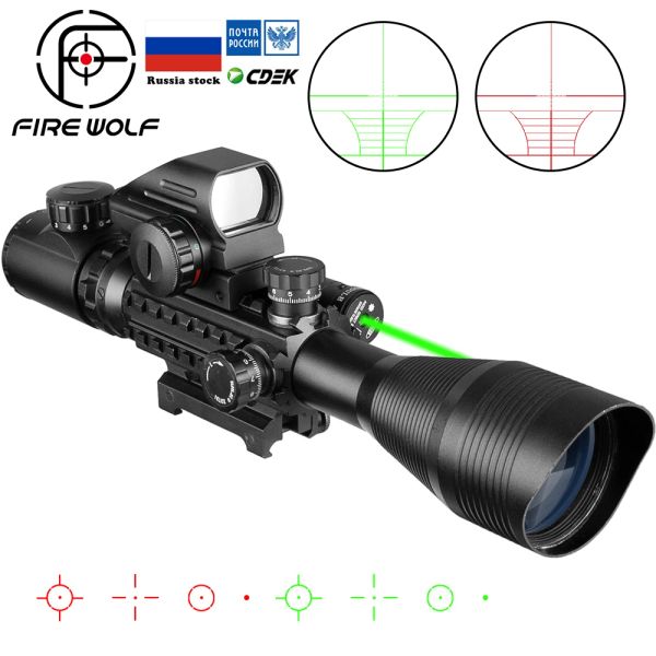 Scopes Fire Wolf 412x50 Umfang Illuminated Range Reticle Rifle Holographic 4 Ruhestand Anblick 20mm roter Grennlaser für die Jagd