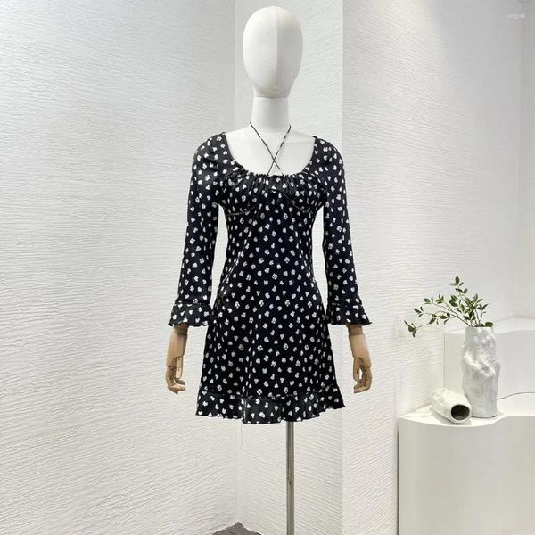 Lässige Kleider 2024 Frühlings Sommer Schwarz weißer kleiner Blumendruck Elelgant süßer Pullover Tops Halfter selbst Fliege Langarm Mini Kleid