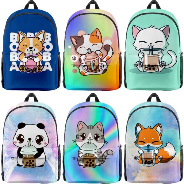 Rucksäcke Boba Tea Animals Rucksack süße Katzenfuchs Panda Schultasche Kinder Rucksäcke Jungen Mädchen Cartoon Büchertasche Reißverschluss Rucksack Mochilas